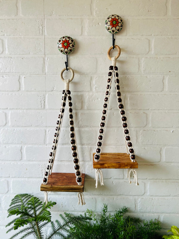 Natural White Beaded Mini Shelves with ceramic hooks and ceramic white planters