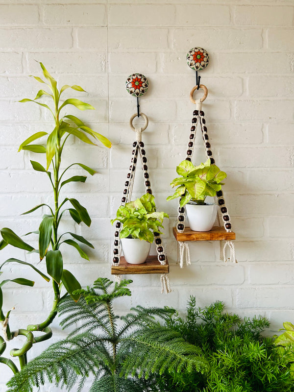 Natural White Beaded Mini Shelves with ceramic hooks and ceramic white planters
