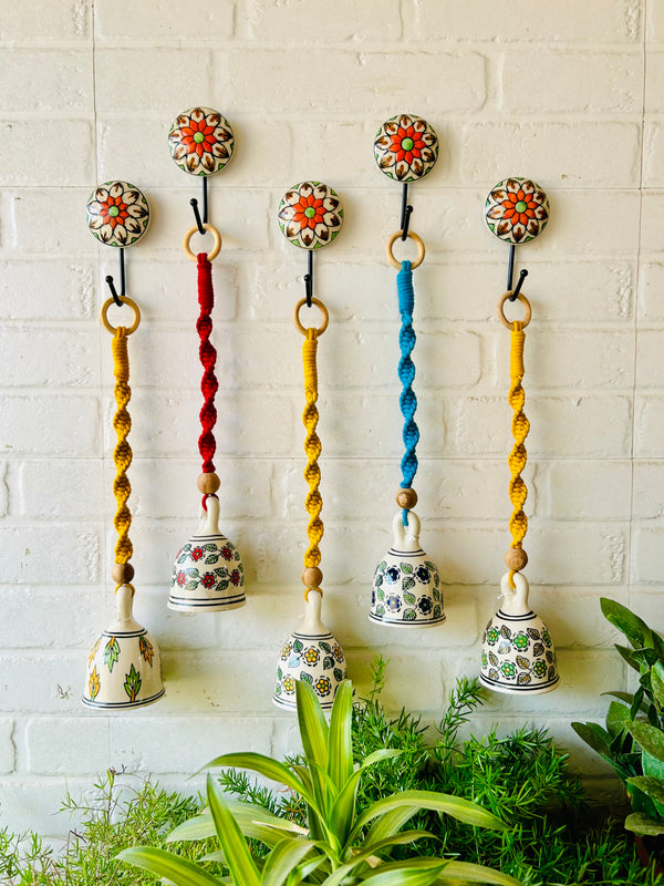 SET OF FIVE | Ceramic Macrame Bells with Ceramic Hooks (Buy 4 get 1 free)