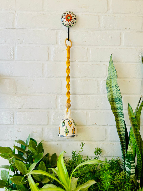 LEAFLET | Ceramic Macrame Bell with Ceramic Hook - Green Yellow Leaves