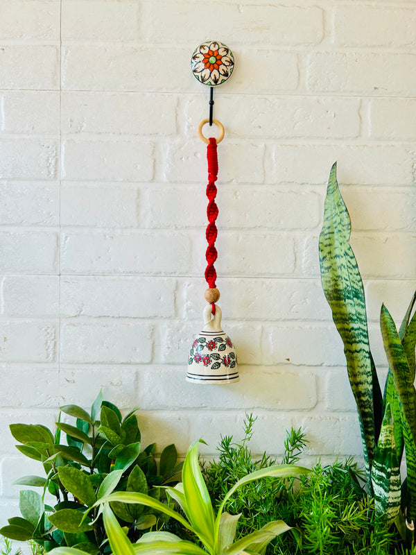 CHERRY | Ceramic Macrame Bell with Ceramic Hook - Red Flowers