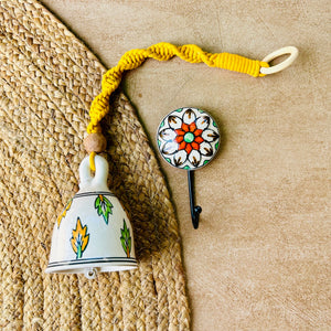 LEAFLET | Ceramic Macrame Bell with Ceramic Hook - Green Yellow Leaves