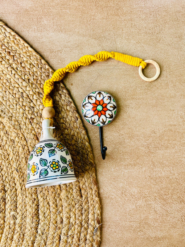 BLOSSOM | Ceramic Macrame Bell with Ceramic Hook - Yellow Flowers