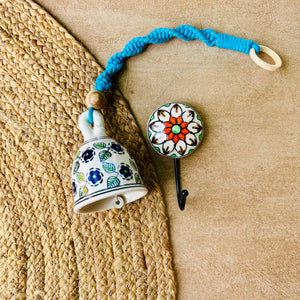 SAPPHIRE | Ceramic Macrame Bell with Ceramic Hook - Blue Flowers