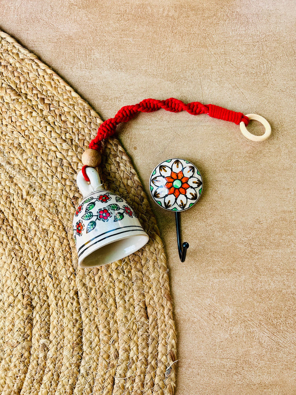 CHERRY | Ceramic Macrame Bell with Ceramic Hook - Red Flowers