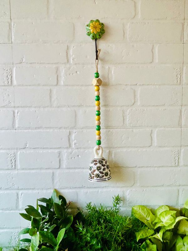 EVERGREEN | Ceramic Beaded Bell with Ceramic Hook - Green Flowers