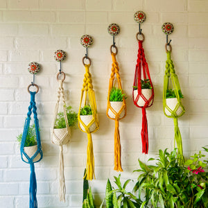 Colorful Macrame Plant Hangers with classic white ceramic pots and ceramic hook