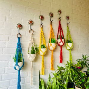 Colorful Macrame Plant Hangers with classic white ceramic pots and ceramic hook