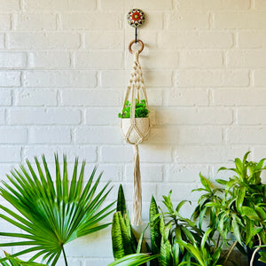 Colorful Macrame Plant Hangers with classic white ceramic pots and ceramic hook