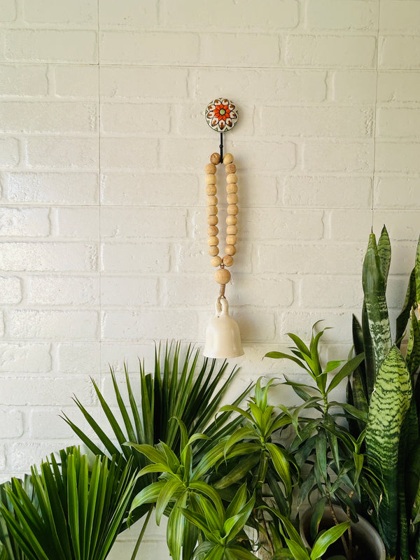 Classic White Boho Beaded Ceramic Bells with ceramic hooks