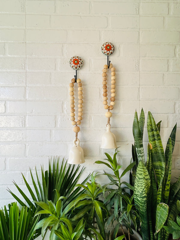 Classic White Boho Beaded Ceramic Bells with ceramic hooks
