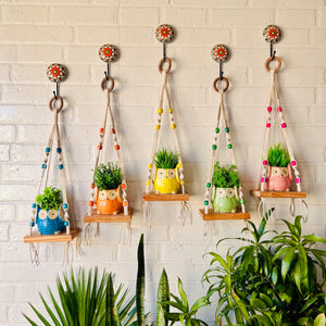 KNOT AND BEAD | SET OF FIVE |  Macrame Mini Wall Shelves with owl planters and ceramic hooks