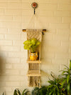 White macrame natural wood double shelf