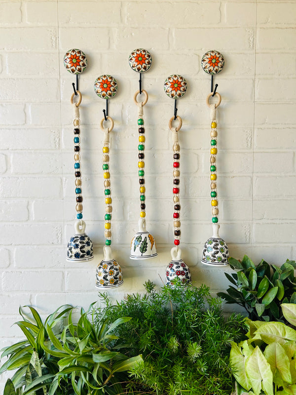 SET OF FIVE | Ceramic Macrame Beaded Bells with Ceramic Hooks