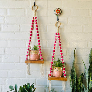 Pink Beaded Mini Shelves with ceramic hooks and ceramic owl planters