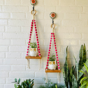 Pink Beaded Mini Shelves with ceramic hooks and ceramic owl planters