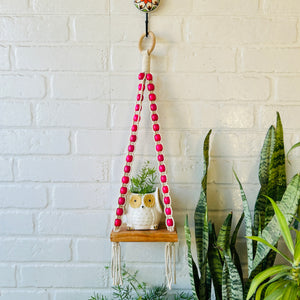 Pink Beaded Mini Shelves with ceramic hooks and ceramic owl planters