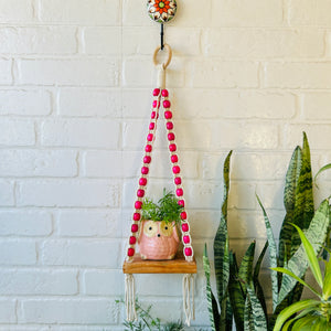 Pink Beaded Mini Shelves with ceramic hooks and ceramic owl planters