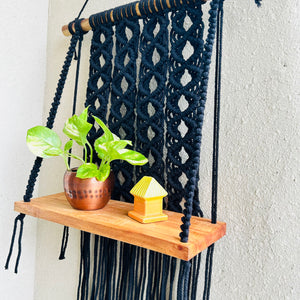 'CROSSING PATHS' MACRAME SHELF WITH A CERAMIC HOOK | BLACK