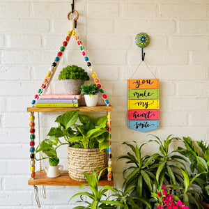 Colorful Beaded Double Tier Macrame Shelf with Ceramic hook