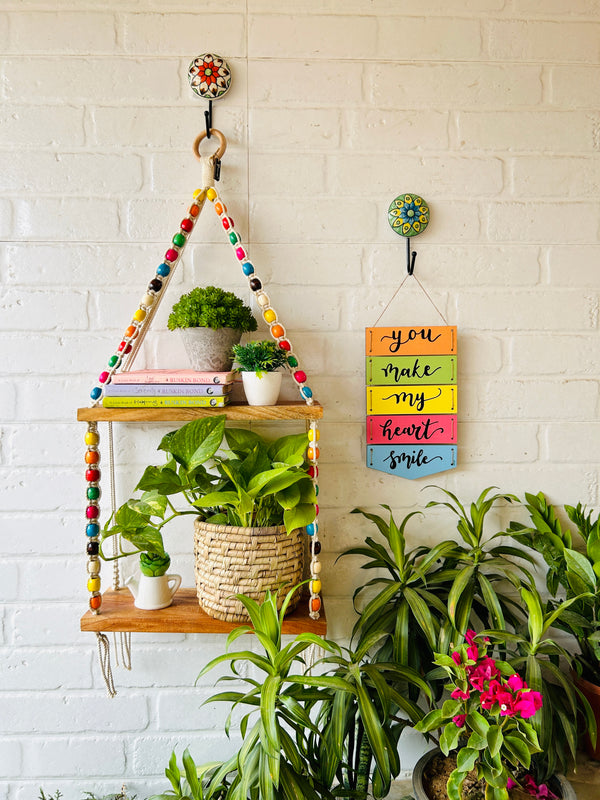 Colorful Beaded Double Tier Macrame Shelf with Ceramic hook