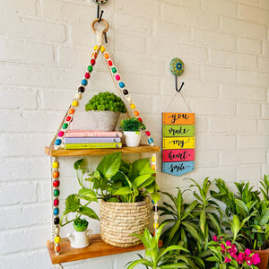 Colorful Beaded Double Tier Macrame Shelf with Ceramic hook
