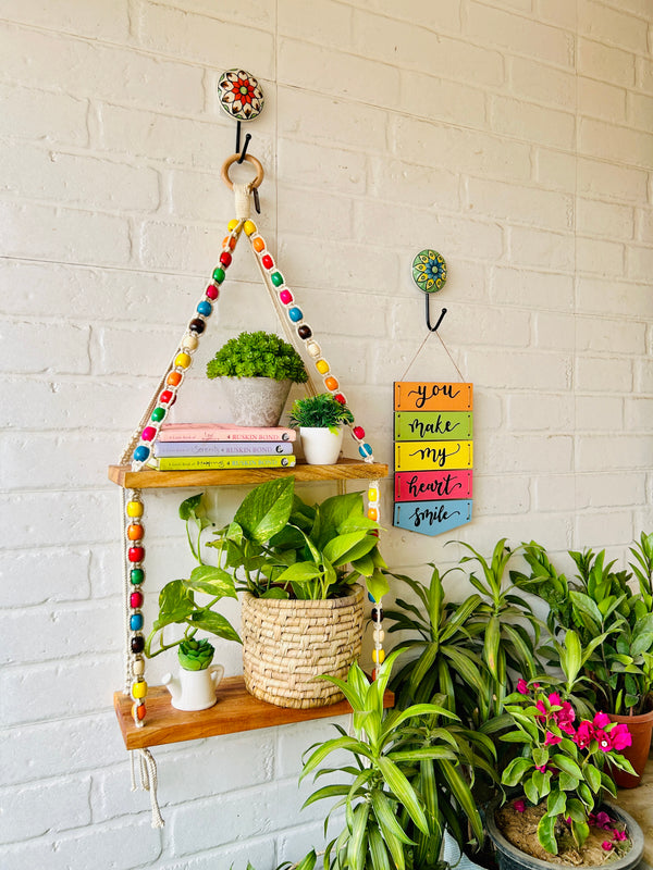 Colorful Beaded Double Tier Macrame Shelf with Ceramic hook