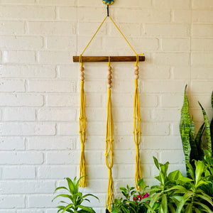 Beaded Triple Macrame Plant Hanger with Owl planters & Ceramic Hook | Peppy Yellow