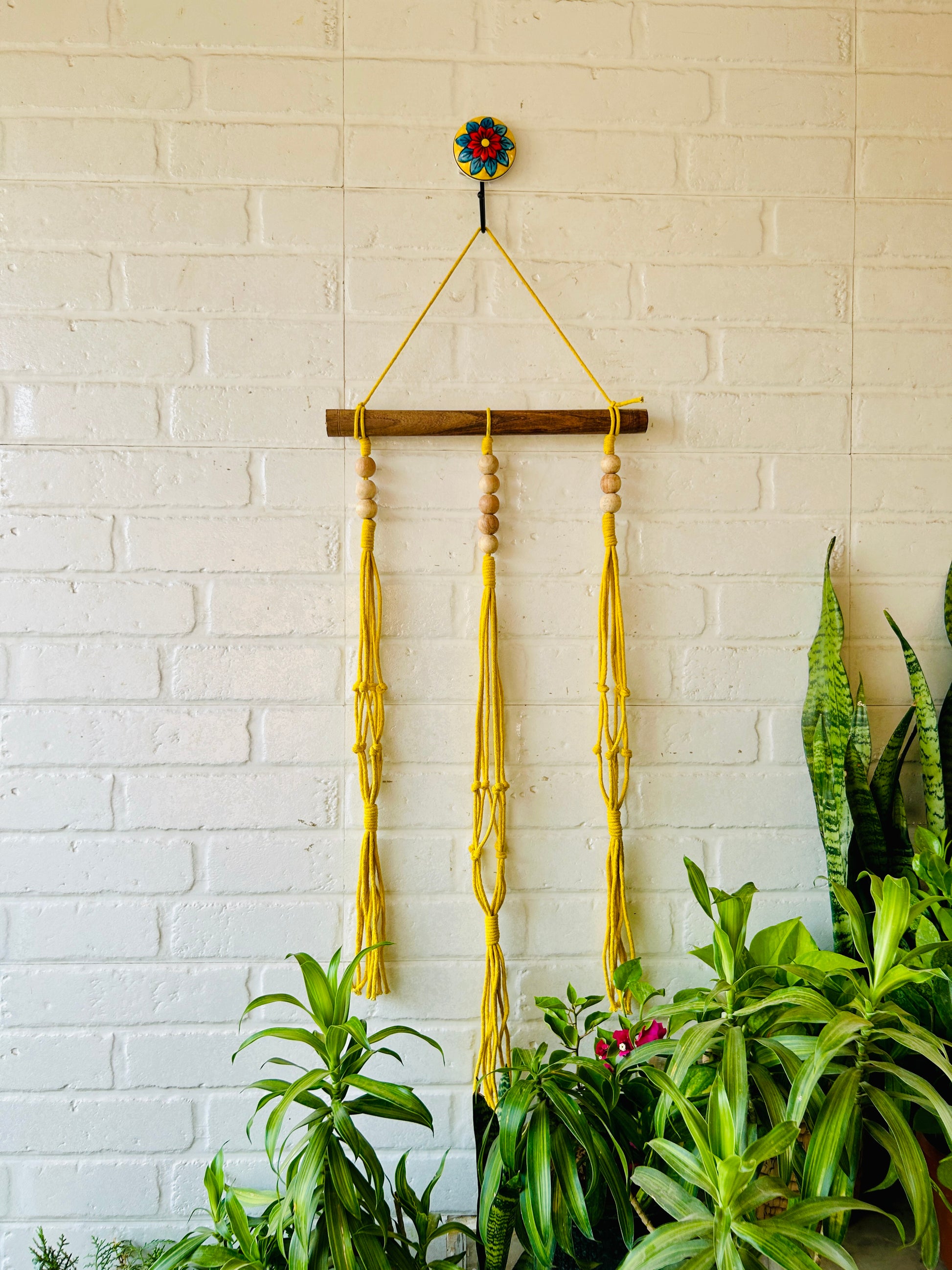 Beaded Triple Macrame Plant Hanger with Owl planters & Ceramic Hook | Peppy Yellow