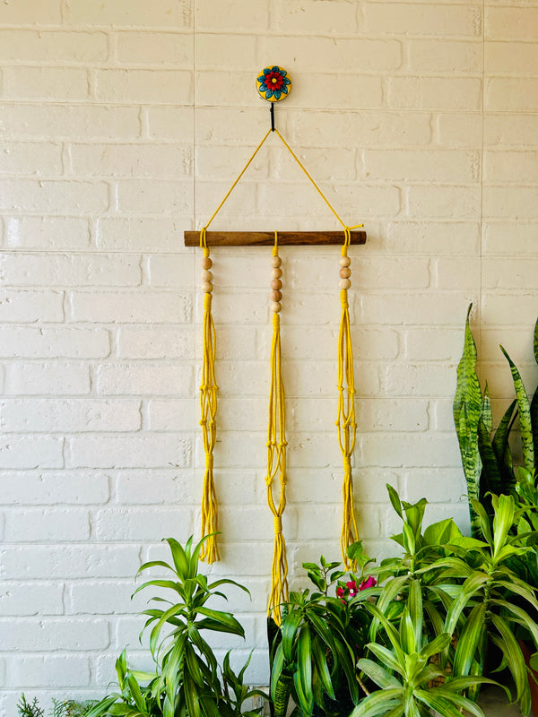 Beaded Triple Macrame Plant Hanger with Owl planters & Ceramic Hook | Peppy Yellow
