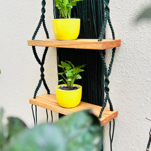 SunLeaf (Shades of yellow and Green) | Mac Two Stories | Macrame Shelf with a Ceramic hook and two ceramic planters