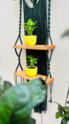 SunLeaf (Shades of yellow and Green) | Mac Two Stories | Macrame Shelf with a Ceramic hook and two ceramic planters