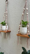 KNOT AND BEAD | SET OF THREE | SAND | Macrame Shelves with engraved planters and ceramic hooks