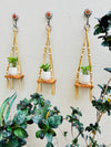 KNOT AND BEAD | SET OF THREE | CARAMEL | Macrame Shelves with engraved planters and ceramic hooks