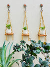 KNOT AND BEAD | SET OF THREE | CARAMEL | Macrame Shelves with engraved planters and ceramic hooks