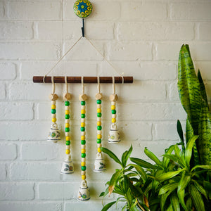 LABURNUM | Beads and Bells Wall hanging | 5 beaded bells on a wooden dowel with ceramic hook | Handmade Decor