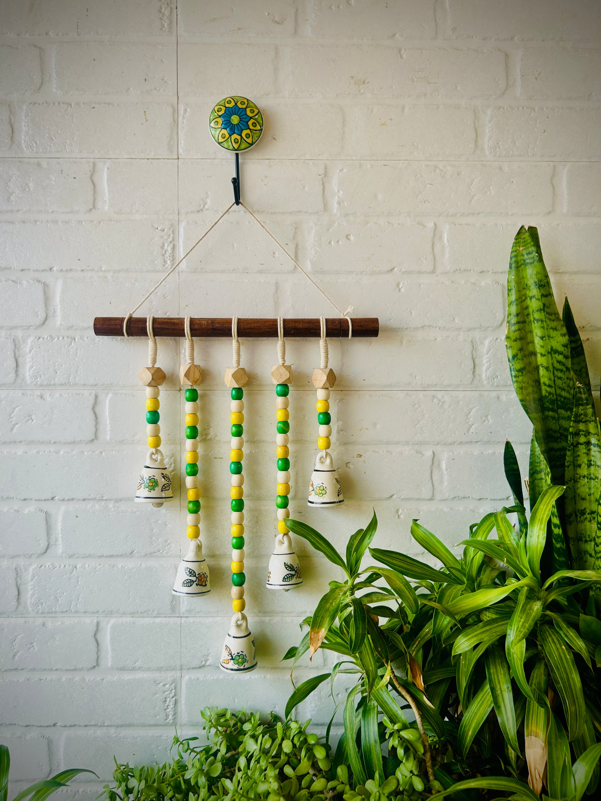 LABURNUM | Beads and Bells Wall hanging | 5 beaded bells on a wooden dowel with ceramic hook | Handmade Decor