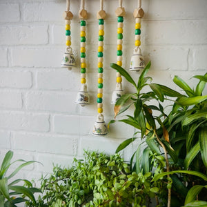 LABURNUM | Beads and Bells Wall hanging | 5 beaded bells on a wooden dowel with ceramic hook | Handmade Decor