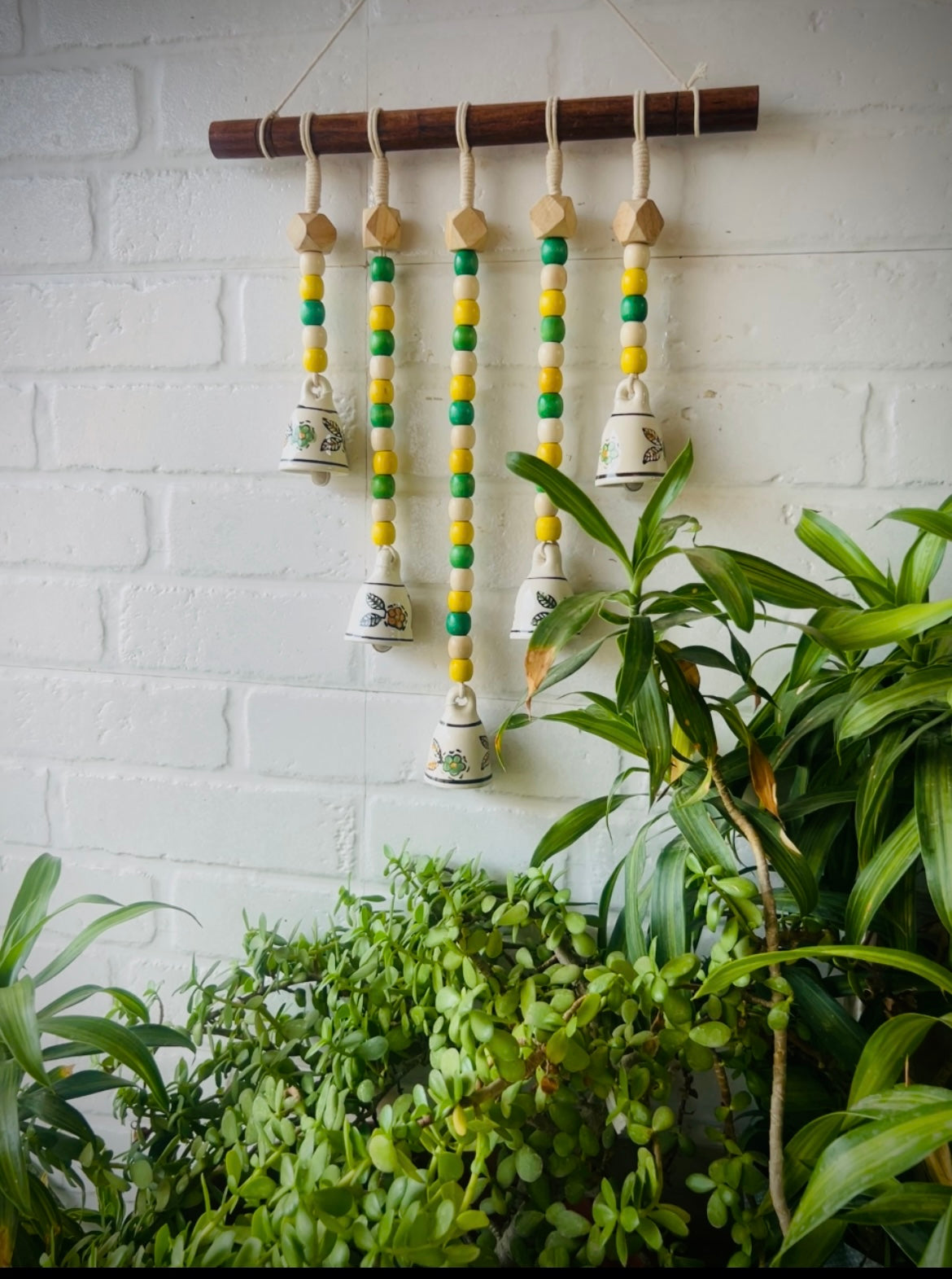 LABURNUM | Beads and Bells Wall hanging | 5 beaded bells on a wooden dowel with ceramic hook | Handmade Decor