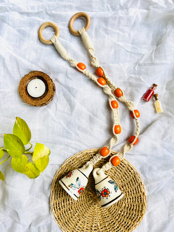 KESARI | Temple Chimes | Set of 2 | Ceramic Macrame Bells with Wooden Beads