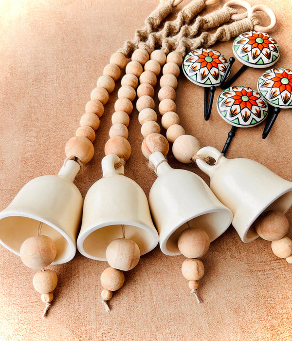 Boho Ivory Ceramic Bells with Ceramic Hooks| Set of 4 | Rustic & Serene Decor