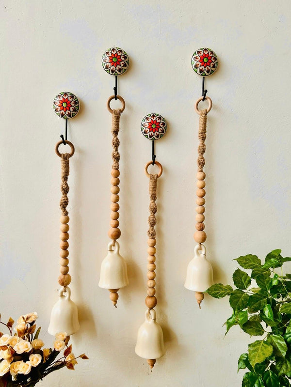 Boho Ivory Ceramic Bells with Ceramic Hooks| Set of 4 | Rustic & Serene Decor