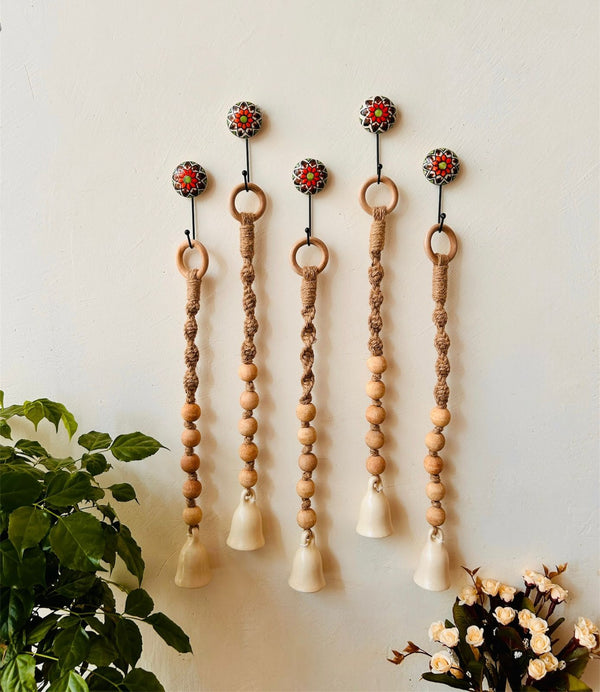 Boho Ivory | Mini Ceramic Bells | Set of 5 | With Ceramic Hooks (Buy 4 get 1 free)