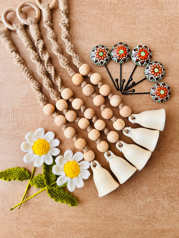 Boho Ivory | Mini Ceramic Bells | Set of 5 | With Ceramic Hooks (Buy 4 get 1 free)