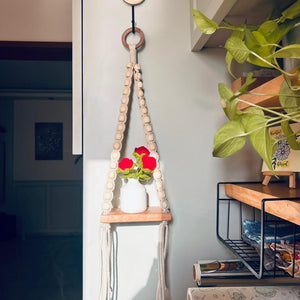 Ivory Bloom Rose Macramé Shelf | Macrame-Beaded Handmade Wall shelf with crochet flowers in ceramic bottle vase