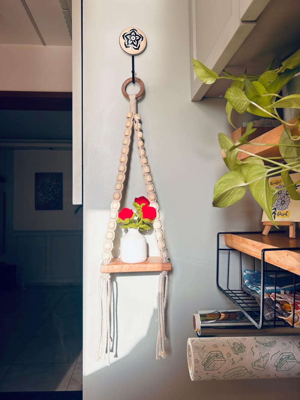 Ivory Bloom Rose Macramé Shelf | Macrame-Beaded Handmade Wall shelf with crochet flowers in ceramic bottle vase