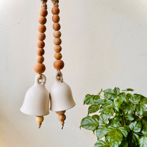 Rustic Serenity Wall Set with 2 Ceramic Macrame Ivory Bells  | Wall Decor