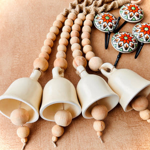 Boho Floral Entrance Wall Set – Handmade & Heartfelt | 4 Ceramic Ivory white bells with a wooden welcome sign board  | Ceramic hooks |Serene and Calming  Decor option