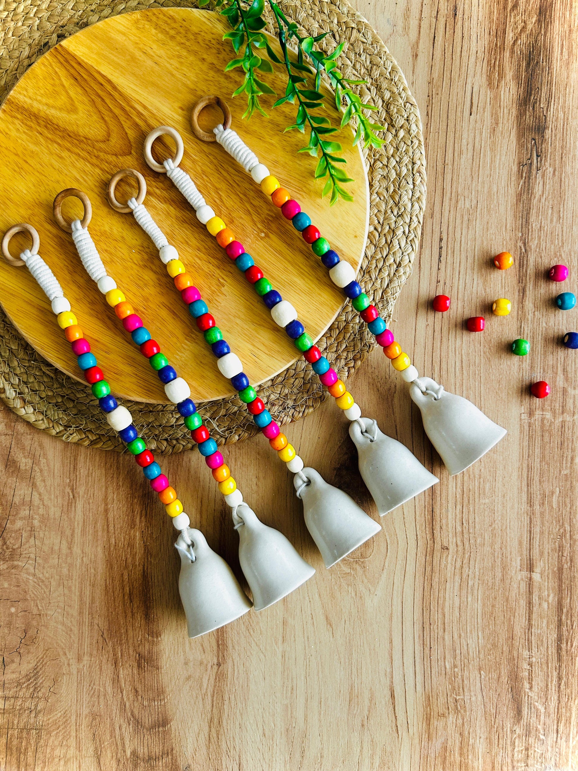 Rainbow Ivory Bells | Colorful wooden beaded small ceramic white bells | Handmade Decor