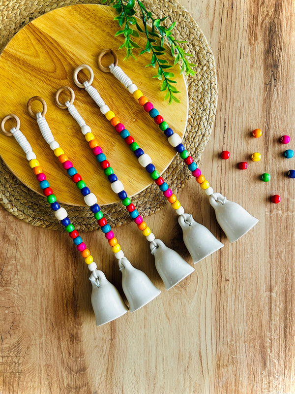 Rainbow Ivory Bells | Colorful wooden beaded small ceramic white bells | Handmade Decor